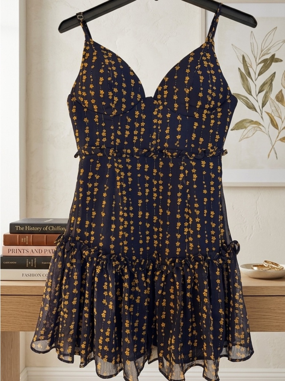 Navy Floral Mini Dress with Yellow Print